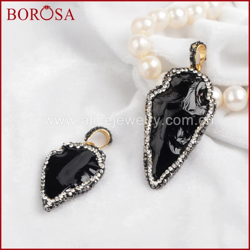 

BOROSA Rough Black Obsidian Arrowhead Pendant Paved Zircon Drusy Jewelry Fashion Gems Pendant for Women JAB243