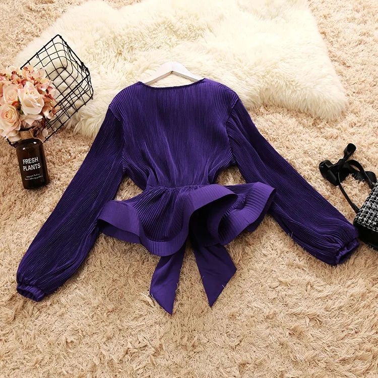 Women's spring summer lantern sleeve elastic slim waist chiffon Shirt tops lady's casual ruffles bow Tees TB1044 | Женская
