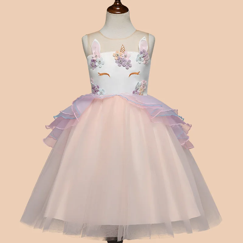 Симпатичные Единорог костюм для девочек Вышивка бальное платье принцессы детей