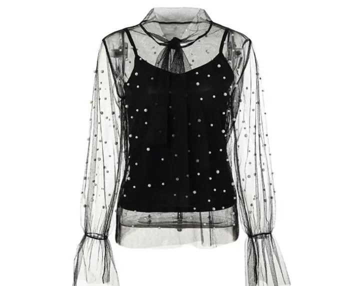 Кружевная блузка женская летняя с длинным рукавом и бантом | Женская одежда