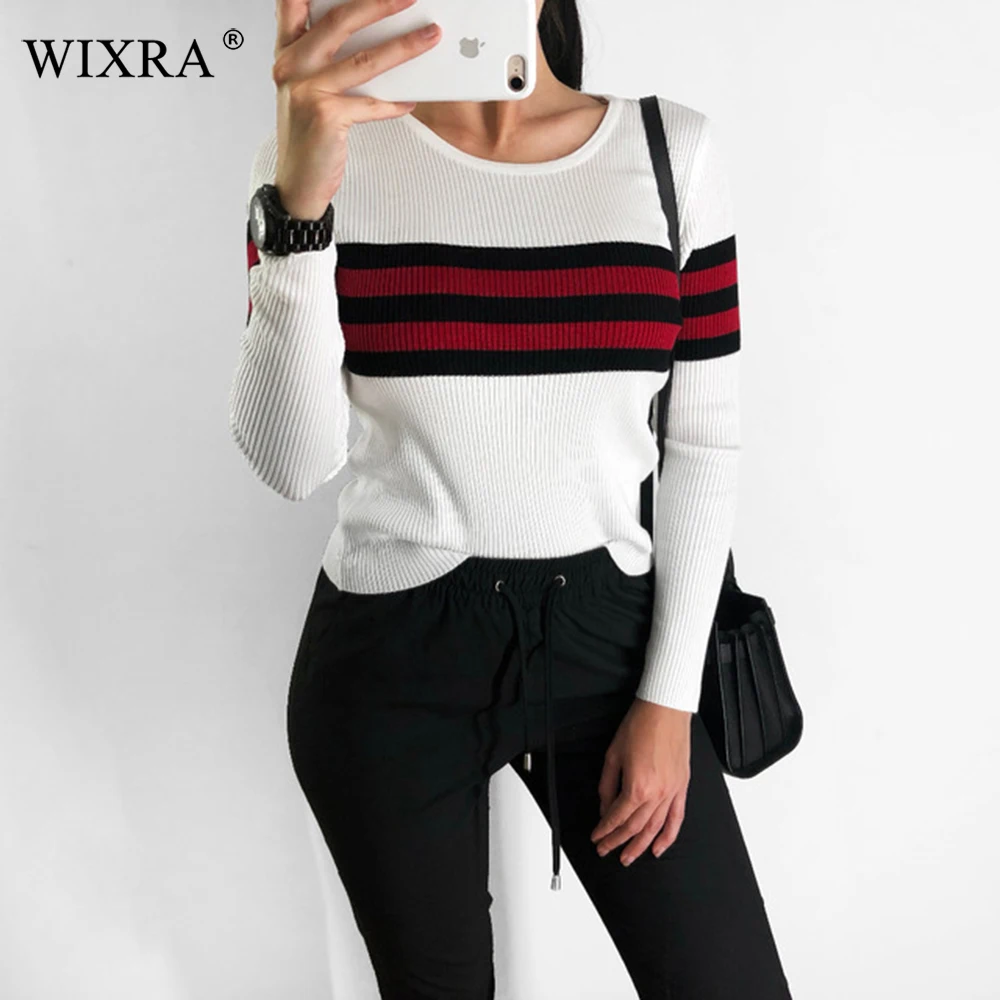 Wixra 2018 Pullovers Sweaters Slim O Neck Striped Sweater All Base Match Knitted Women's Clothing Autumn Winter New | Женская одежда