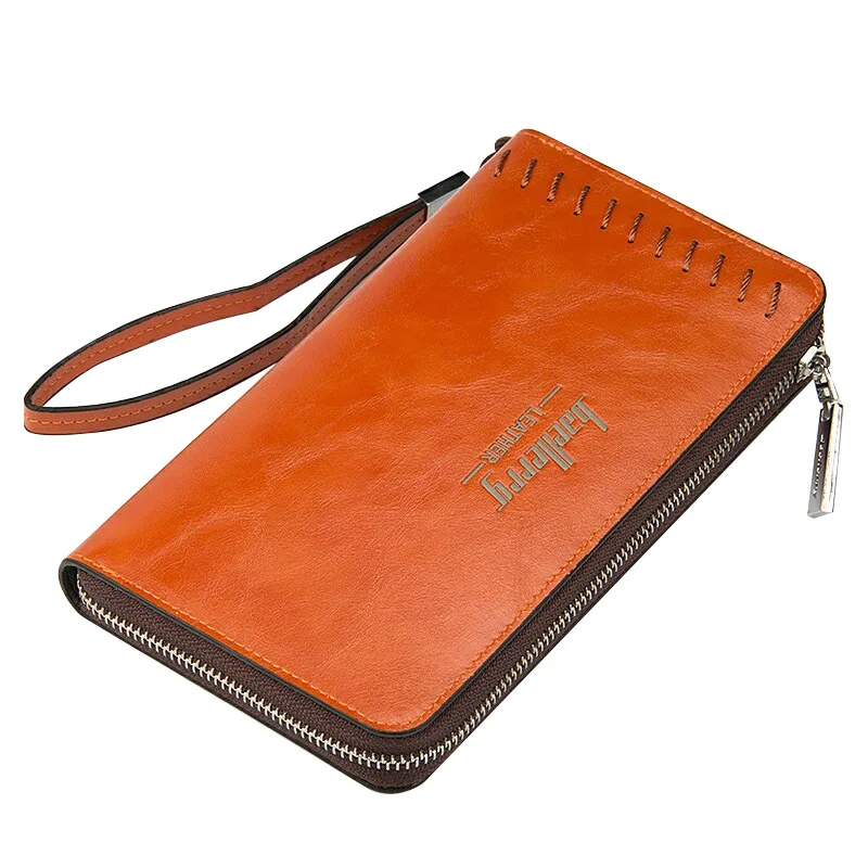 Vintage Long Men Wallet PU Leather Purse for Men Large Capaciry Money Bag Thread Male Clutch Wallets Zipper Card Holder Wallet - Color: Brown