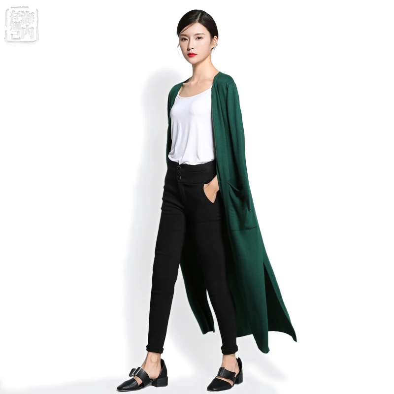 Women's Lengthen Wool Cardigan Long Cardigans Large Pocket Slitting Bottom 2017 Spring Jacket Fashion Knitted Sweaters #1269 |