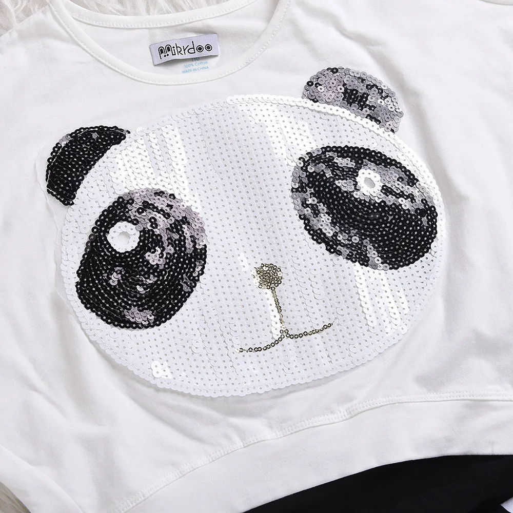 Топы с блестками и пандой для маленьких девочек футболка + штаны в полоску бантом