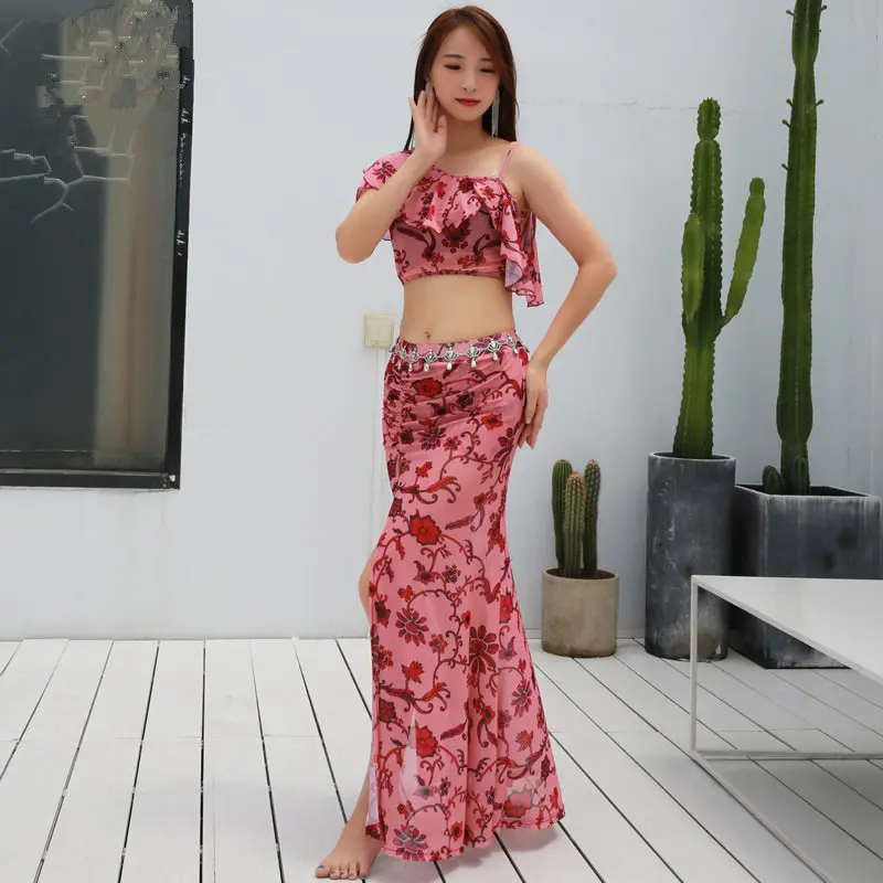 2PCS/SET Adult Sexy Flower Oriental Eastern Belly Dance Tops Shirt Costumes for Women Bellydance Dancing Clothes Dancer Wear