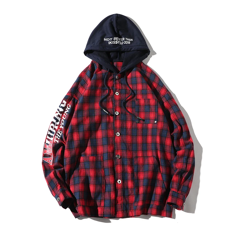 Рубашка в клетку из 100% хлопка с капюшоном 3 вида цветов camiseta manga longa masculina рубашка