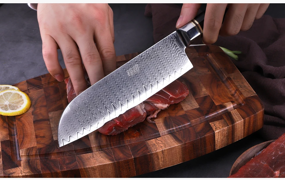 FINDKING Профессиональный 7 дюймов Santoku Ножи эбенового дерева восьмиугольная ручка лестница Pattern 67 слоев из дамасской стали Сталь японский Ножи