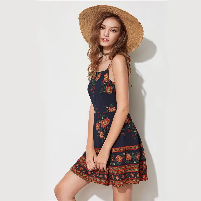 Dotfashion летнее приталенное Повседневное платье с цветочным принтом милое платье без рукавов на бретельках Короткие платья