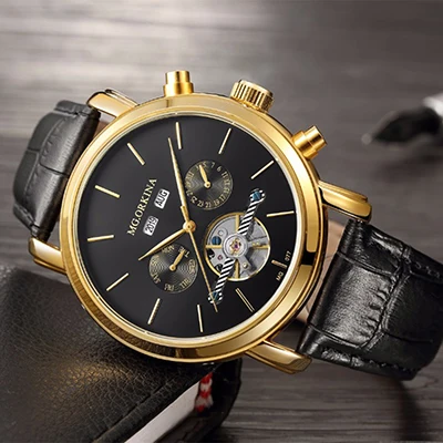 Gold Black ORKINA новые мужские часы Топ бренд класса люкс Полный календарь турбийон автоматические механические наручные часы Дата День Erkek Kol Saati - Цвет: Gold Black