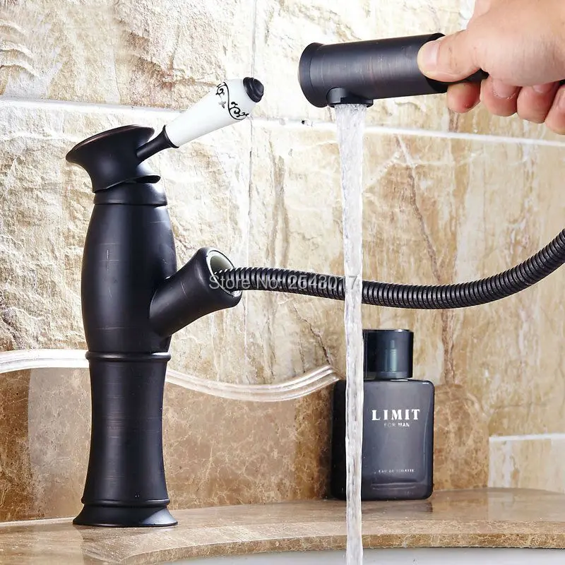 

Bathroom Pull Out Faucets Vessel Sink Mixer Black Bronze Finish Crystal Diamond Bathroom Flexible hot and cold water taps ZR282