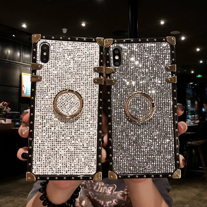 Блестящий квадратный чехол с подставкой для телефона Samsung Galaxy S8 S9 S10 Plus Note 9 8 Lite 10