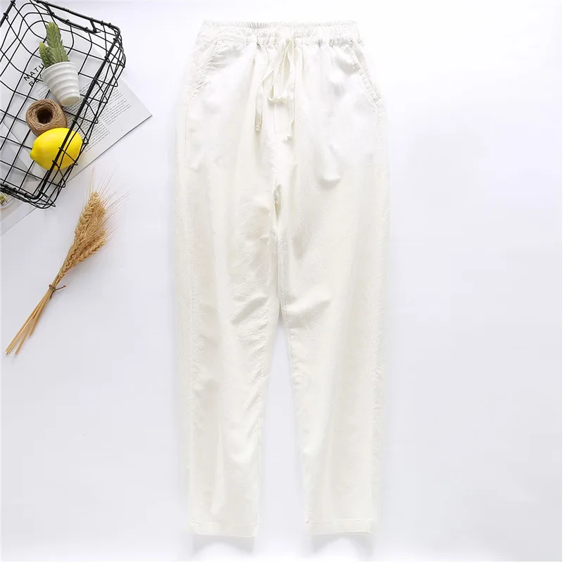 beige white Летние повседневные хлопковые льняные женские штаны, женские штаны на шнуровке с эластичной резинкой на талии, штаны-шаровары, свободные брюки, женские спортивные штаны C5431 - Цвет: beige white