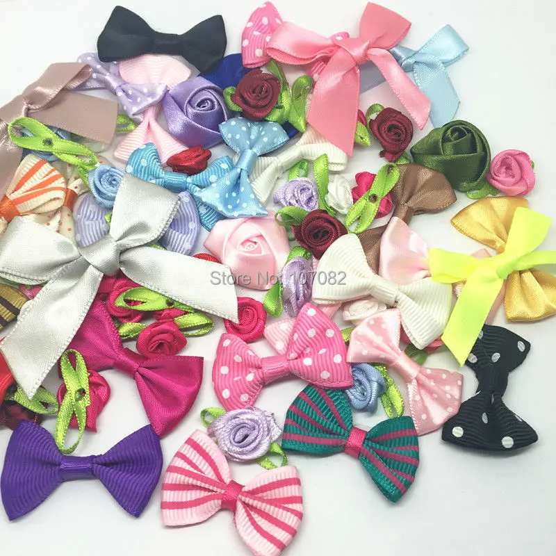 

1000pcs Randomly Mixed Ribbon Flowers Bows Decorative Flower Bow Rose Wedding Crafts Embellishment
