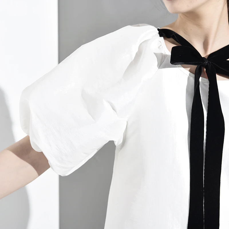 [EAM] New Spring Summer Round Neck Short Sleeve White Ruffles Hem Bandage Bow Big Size Dress Women Fashion Tide WD5070
