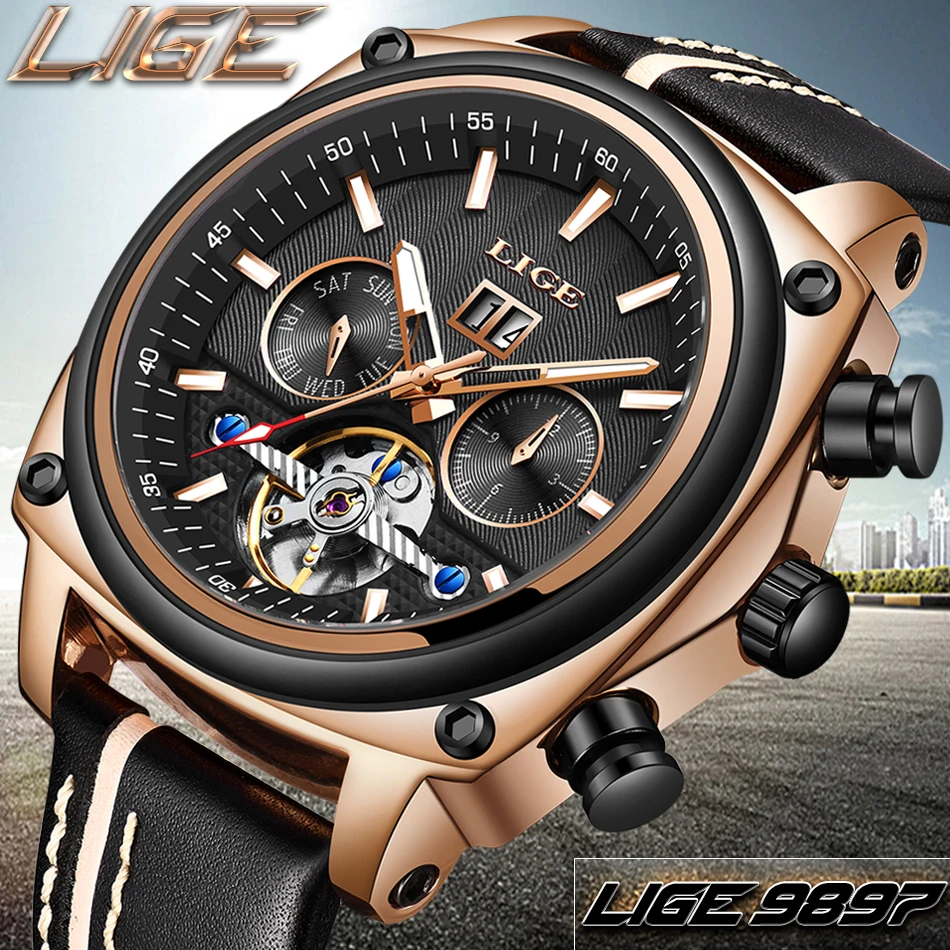 LIGE Брендовые мужские часы автоматические механические часы Tourbillon спортивные часы кожаные повседневные деловые часы в ретро-стиле Relojes Hombre
