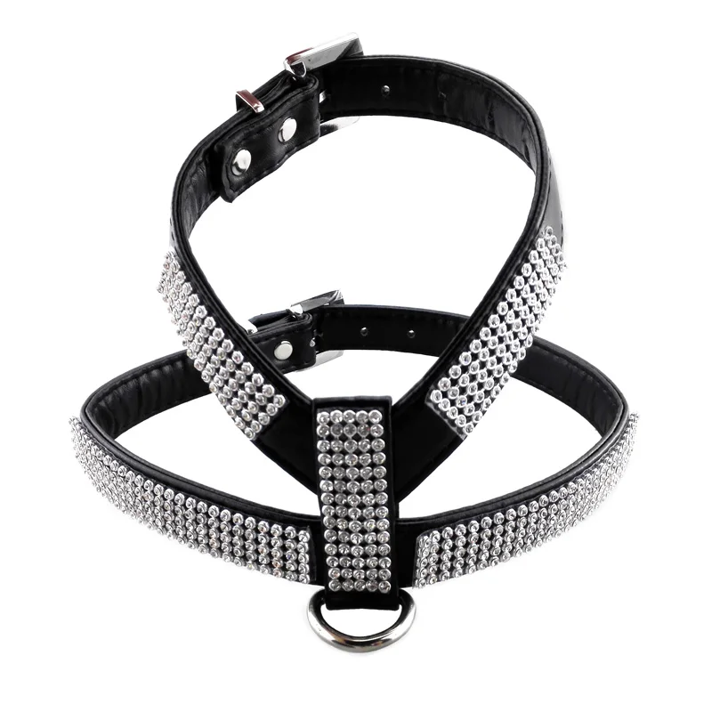 Pawstrip, 4 цвета, поводок из искусственной кожи, поводок, поводок, стразы, поводок для собак, жилет для маленьких щенков, XS-L - Цвет: Black Harness