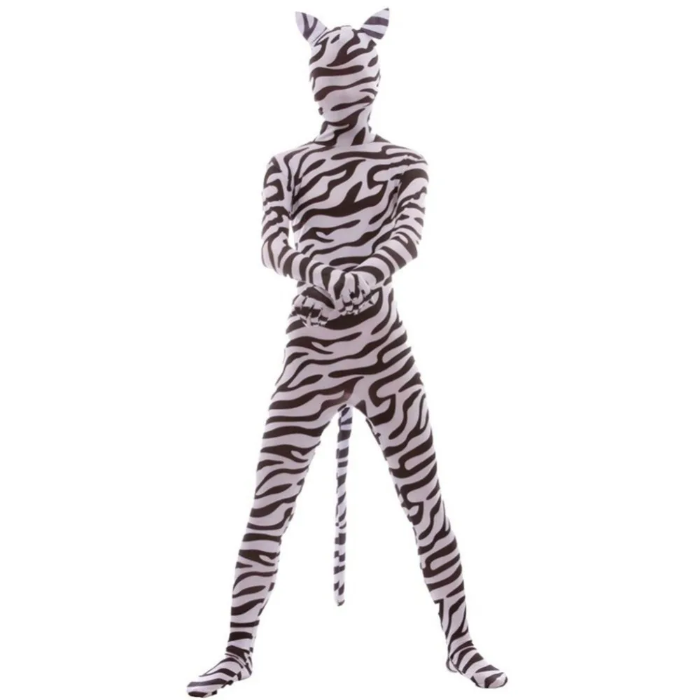 Mandy Adult Spandex Lycra Unisex Zebra Print Animal Full Body Zentai Suit with Ear and Tail Skin Tight Unitard Costume | Тематическая