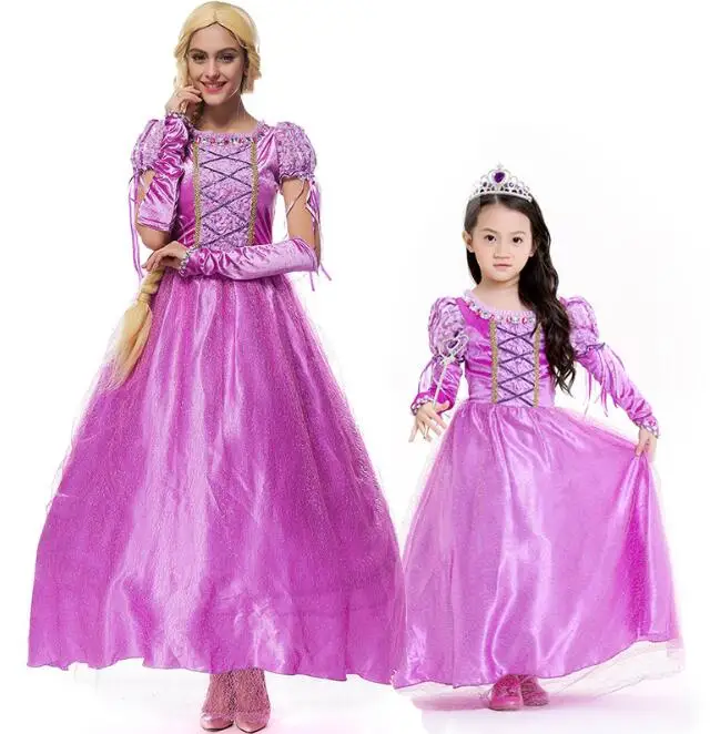 

free shipping Tangled Costume Family Matching Costume Princess Rapunzel Costume Children Deluxe Dress Party Costume