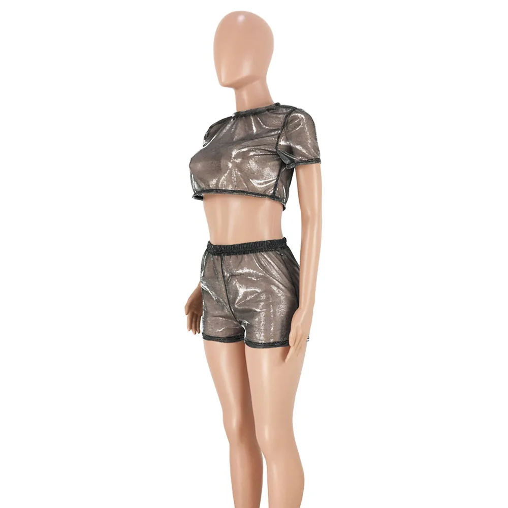 INMOTENG See Through Mesh Sexy 2 Piece Set Summer Short Sleeve Crop Top Matching Pants Women Party Dream Color Outfits XXL |