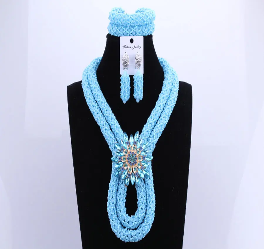 2017 синий африканский Кристалл бусы ожерелье набор двухслойный большой дизайн