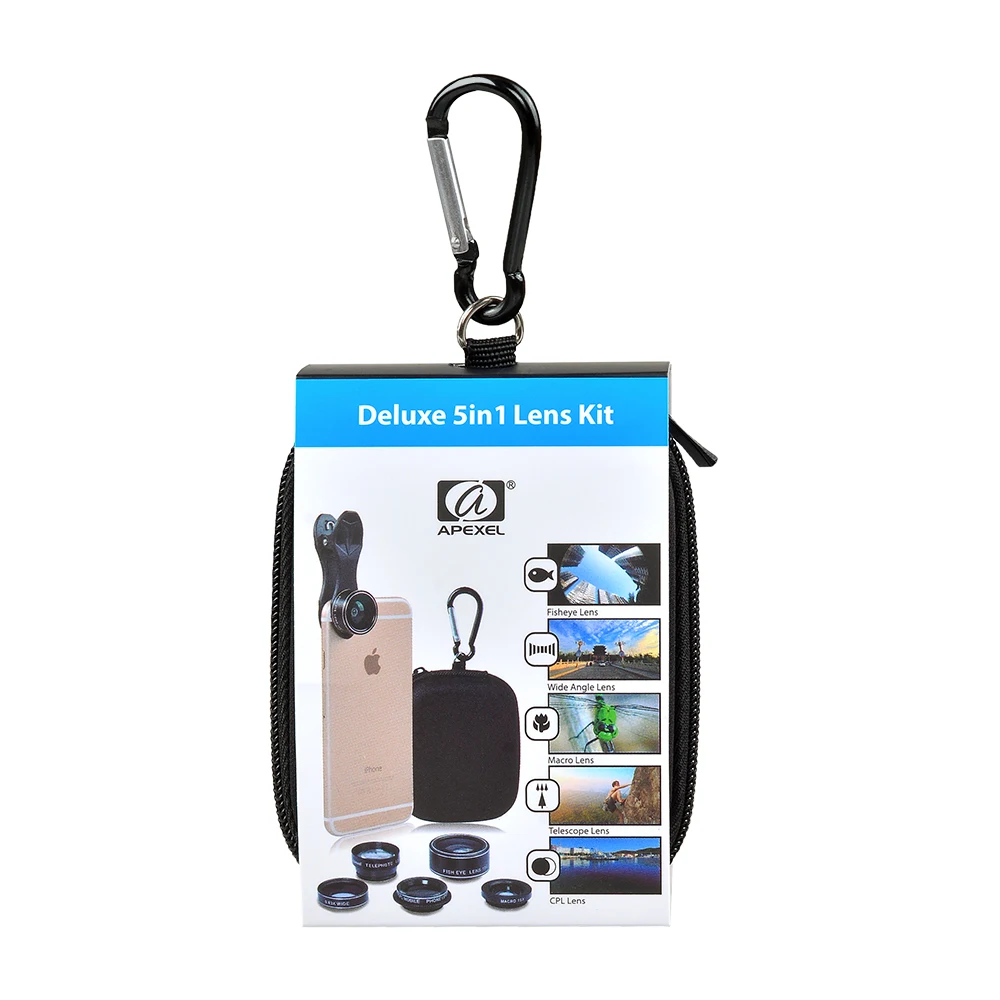Универсальный зажим APEXEL 5 в 1 рыбий глаз широкоугольный Макро 2X Телескопический