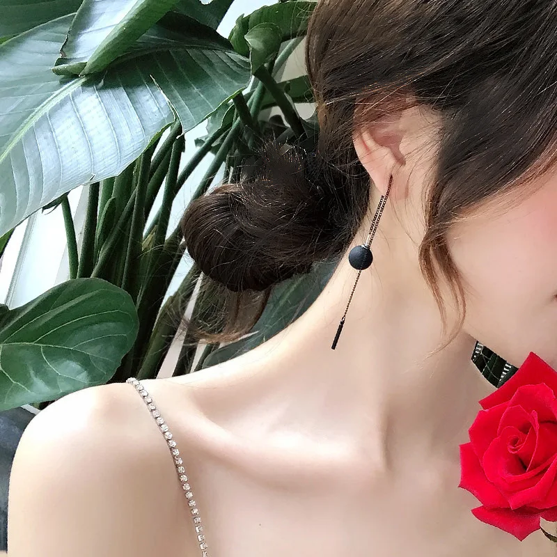 Dominated new long tassels black joker personality metal ball Drop earrings Women temperament Jewelry