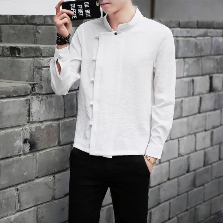 Мужская льняная рубашка с длинными рукавами и косой пуговицей Повседневная в