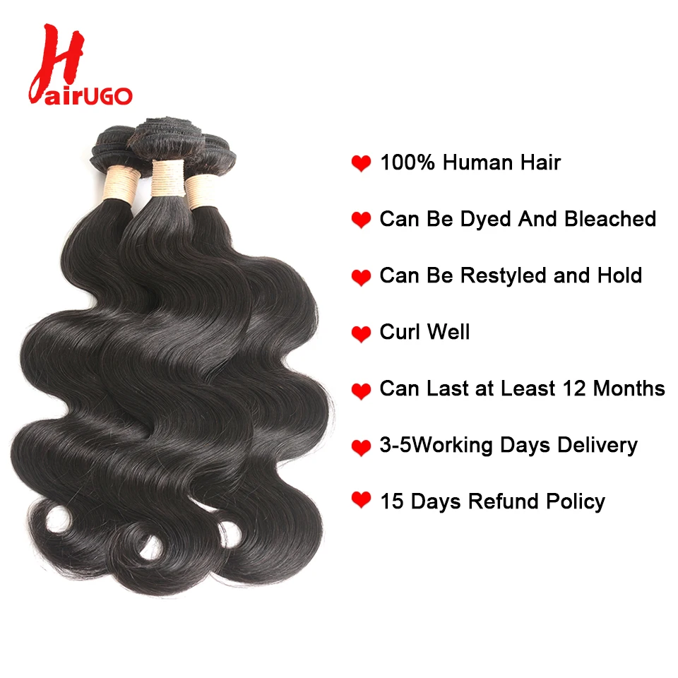 HairUGo объемный волнистый пучок s с закрытием 360 Кружева Фронтальная бразильские