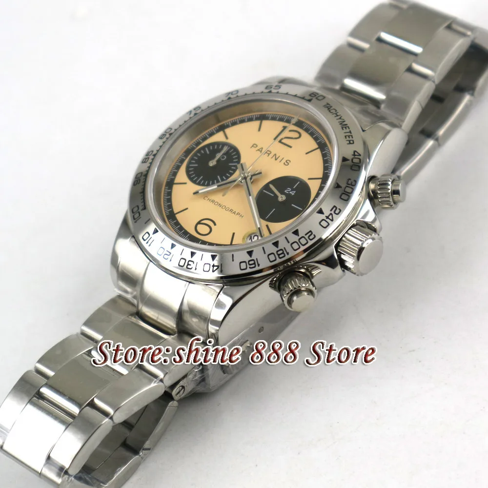 39mm PARNIS Beige dial sapphire glass date full Chronograph quartz mens watch | Наручные часы