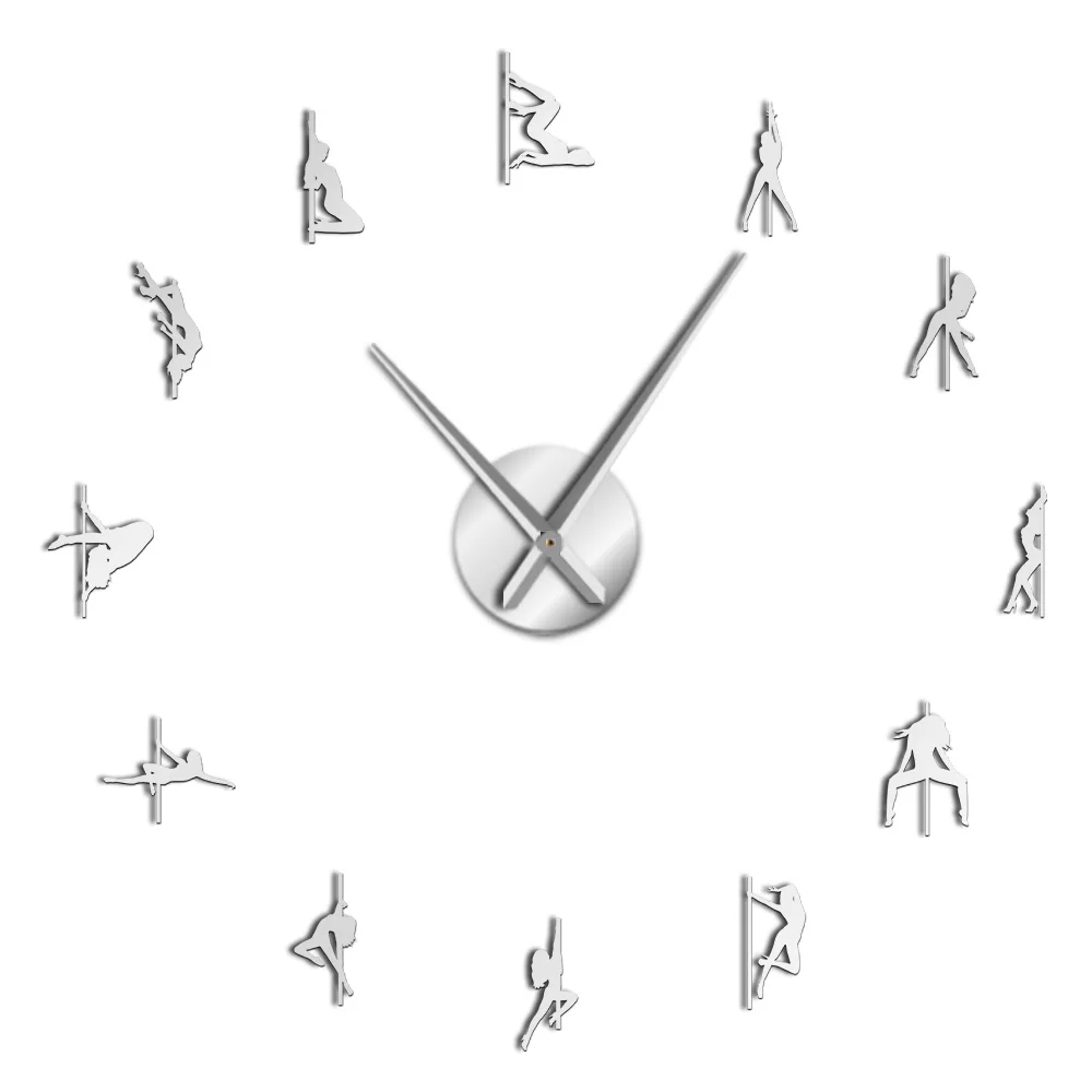 Silver Pole Dance DIY Giant Wall Clock Sexy Girls Stripper Mirror Numbers Stickers Steal Tube Dancer Night Club Decor Modern Wall Clock - Цвет: Silver