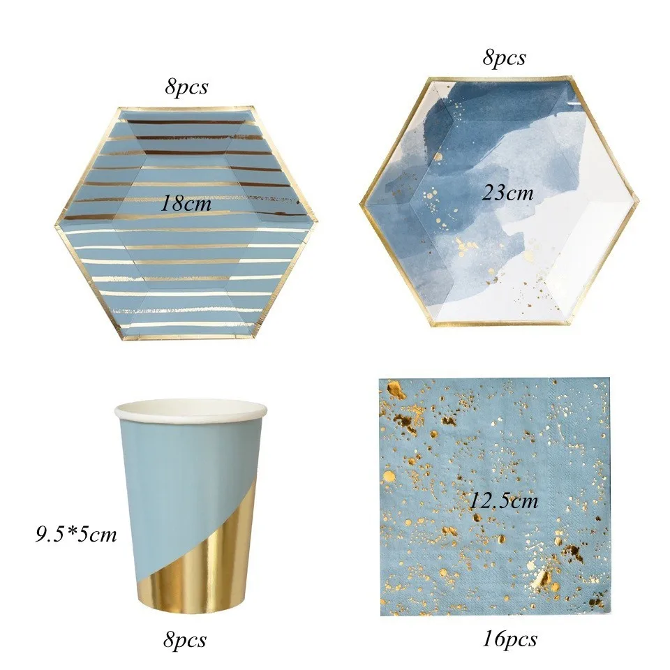 Gilding blue set 1 комплект черного и золотого Цвета Одноразовая посуда золочение Бумага пластины/чашки/соломинки Украшение стола на свадьбу/День рождения/вечерние украшения свадебные принадлежности - Цвет: Gilding blue set