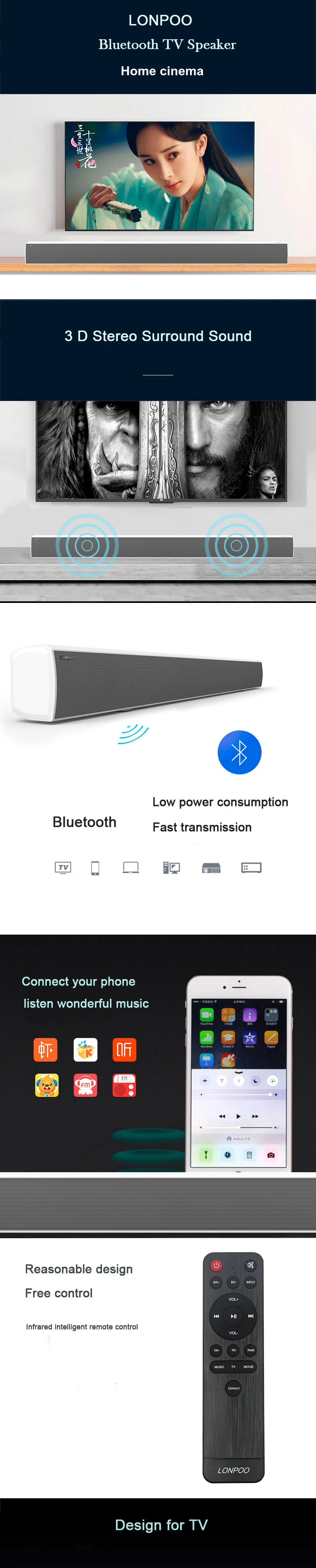 LONPOO ТВ Саундбар Bluetooth динамик 40 Вт глубокий бас сабвуфер домашний кинотеатр тв Саундбар с оптическим коаксиальным ТВ динамиком