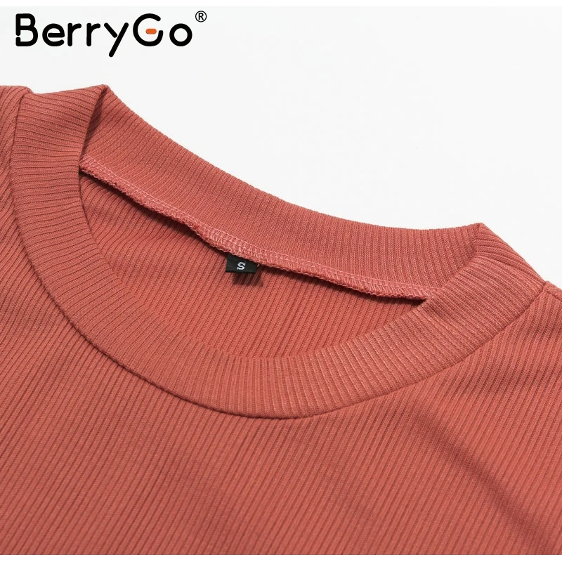 BerryGo элегантное ТРАПЕЦИЕВИДНОЕ женское трикотажное платье с коротким рукавом и поясом, зимнее платье-свитер с круглым вырезом, черные женские осенние платья миди
