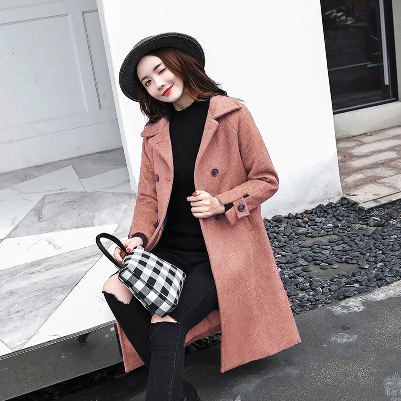 Женское длинное зимнее шерстяное пальто с отложным воротником и карманами |