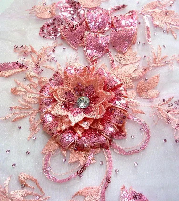 26*43 см 3D Розовая Цветочная вышивка с блестками и пайетка на розовой сетке