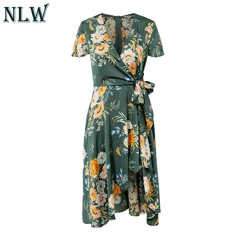 NLW женское элегантное зеленое платье с цветочным принтом Vestido Body wrap Пляжное