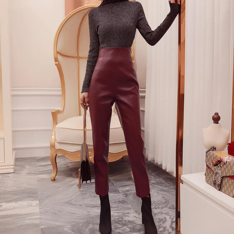 

New Arrival Women PU Trousers Sexy Bodycon PU Leather Pants Solid High waist Casual Pencil pants Women Pants Pantalon Femme