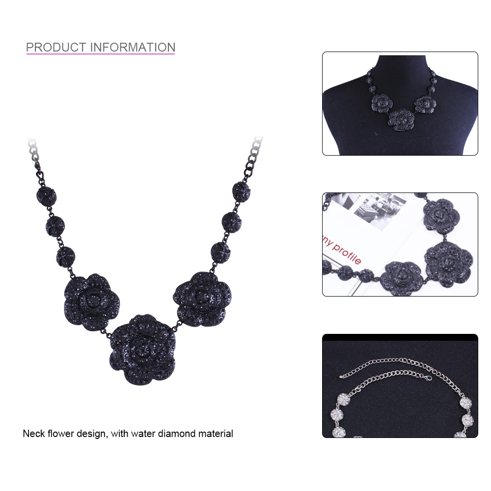 QOOKOO я розы Цепочки и ожерелья Женские Ретро Большой со стразами Черные Летние