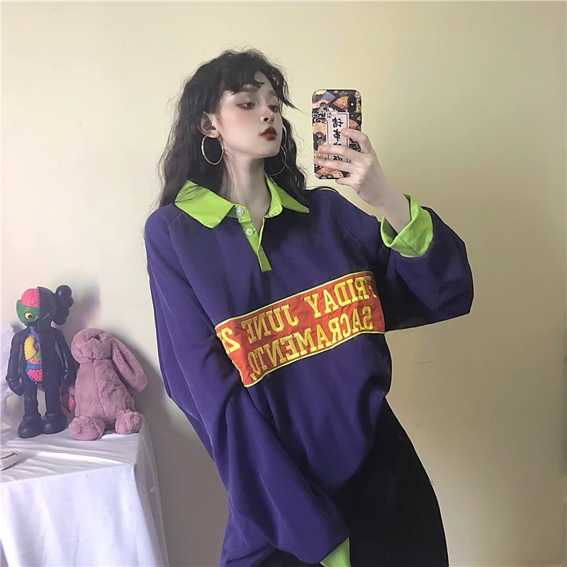 Корейский Осенний ulzzang хип-хоп хлопковый женский топ, повседневный Забавный большой размер, свободный длинный рукав, большие размеры, Футболка Harajuku с надписями