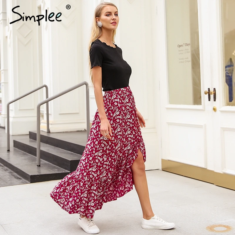Simplee цветочный принт красная Бохо длинная юбка Женская Русалка Высокая талия