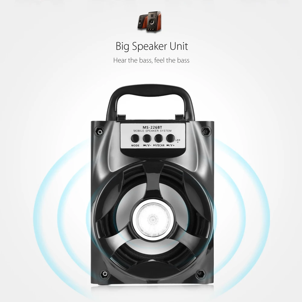 Excelvan MS-226BT портативный Bluetooth динамик светодиодный подсветка Поддержка TF карты воспроизведения FM радио регулятор громкости