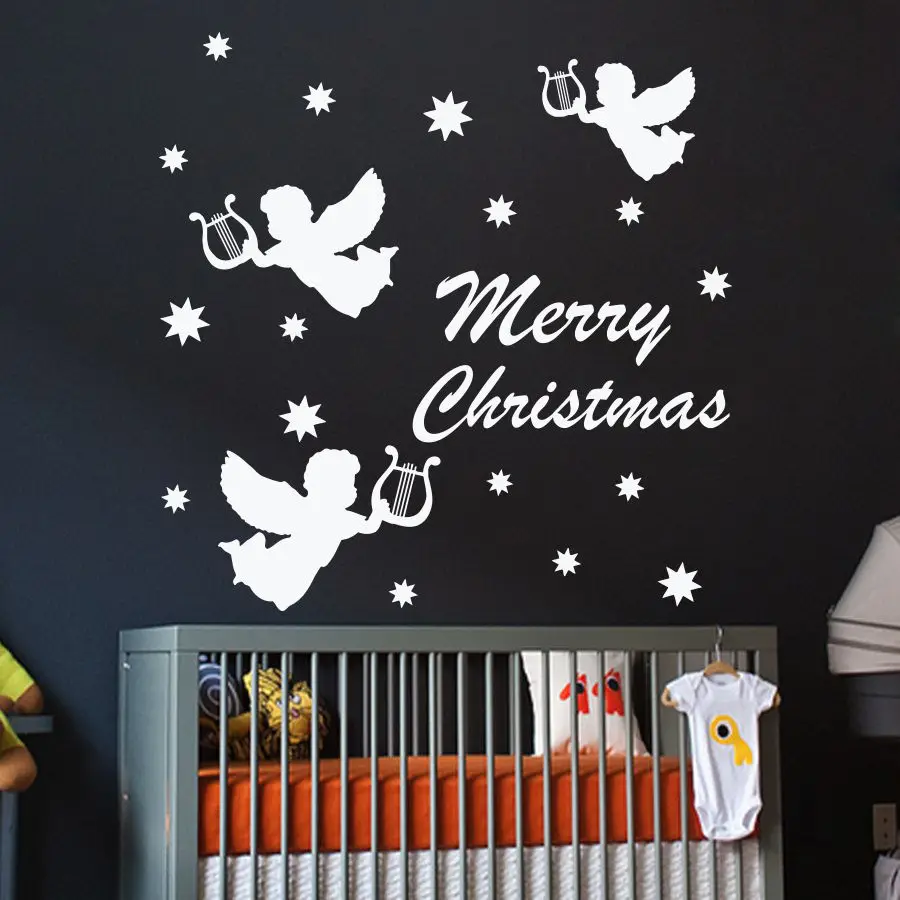 

Съемный Merry Christmas цитаты с тремя маленькими ангелы стены Стикеры виниловые наклейки на стены для детей Спальня художественное оформление ...
