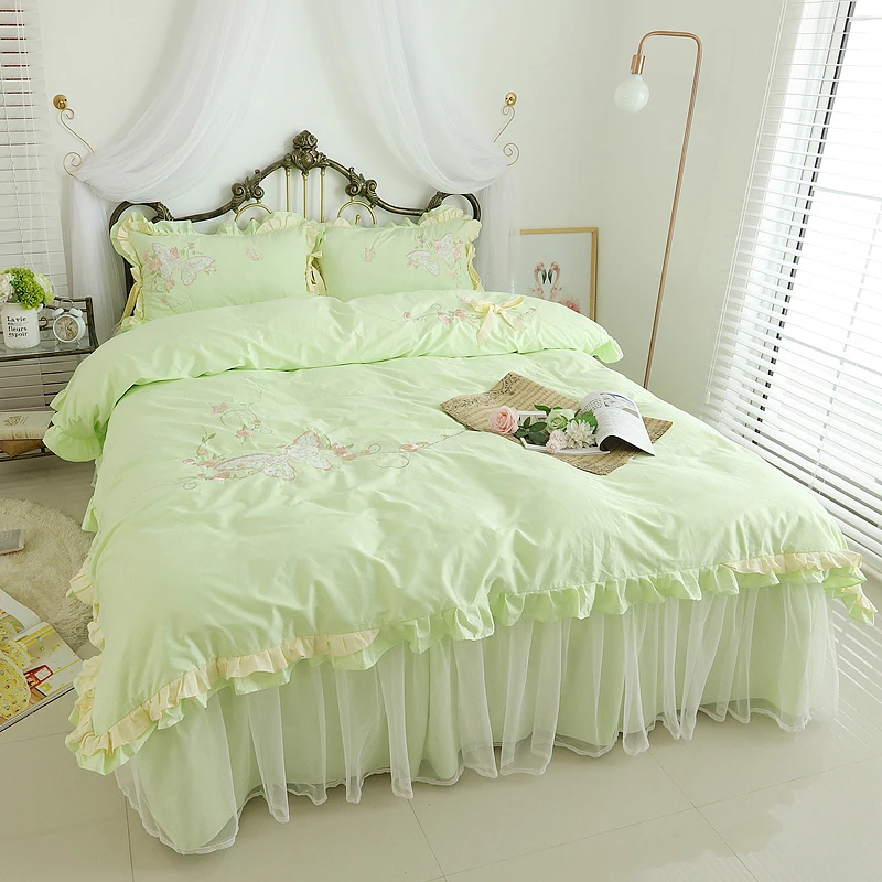 Elegant pastoral bedding set embroidery flower double ruffle douvet cover lace bedspread quality fabric bed sheet home textile | Дом и сад
