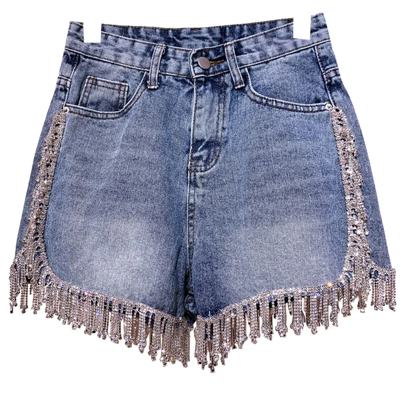 Женские джинсовые шорты стразы с кисточками высокой талией бриллиантами широкие