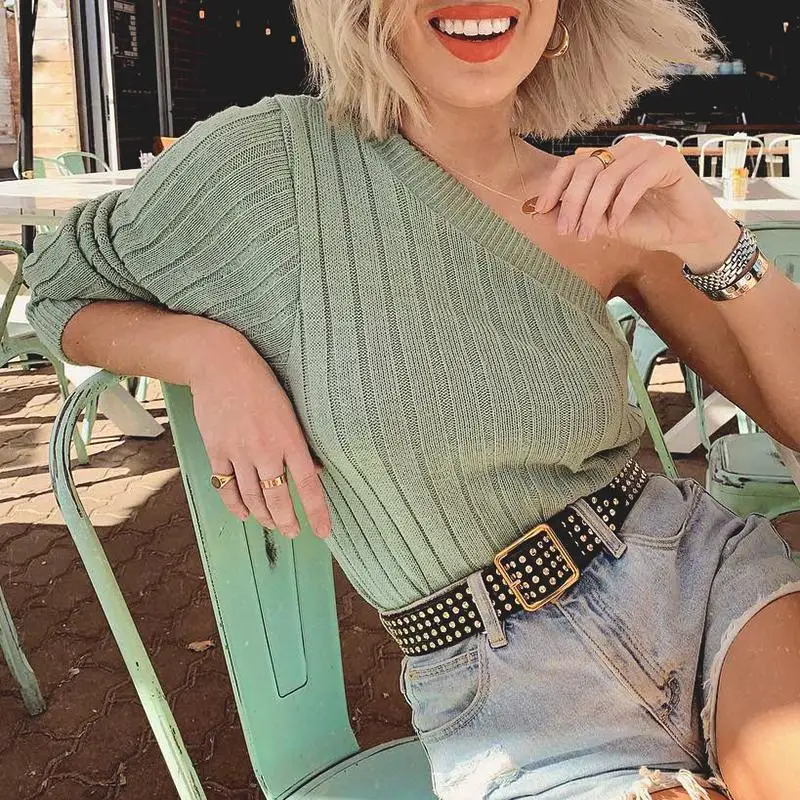 Misswim Sexy one shoulder knitted sweater women 2019 Autumn winter jumper pullover Ribbed green female knitwear Chic sweaters | Женская