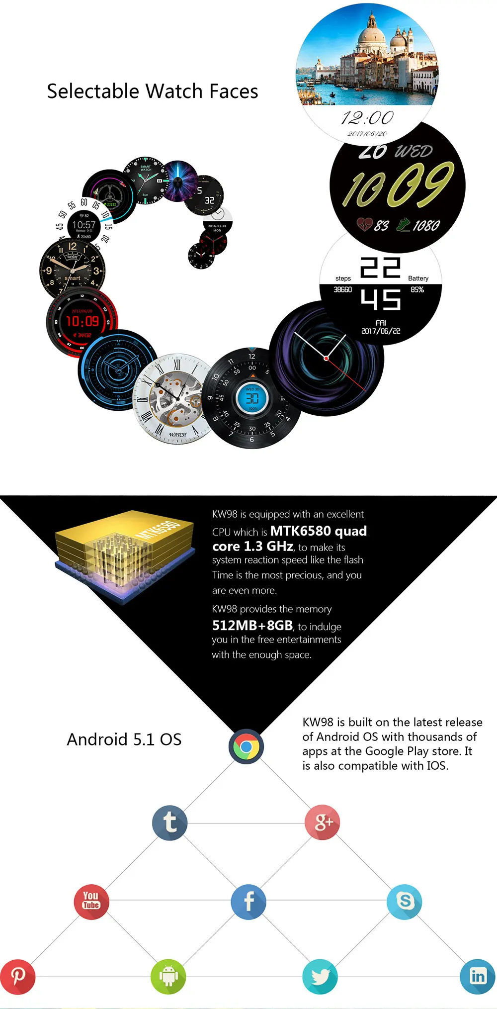 KW98 Смарт-часы Android 5,1 3G Wi-Fi gps часы MTK6580 Smartwatch iOS Android для Samsung Шестерни S3 Xiaomi PK H2