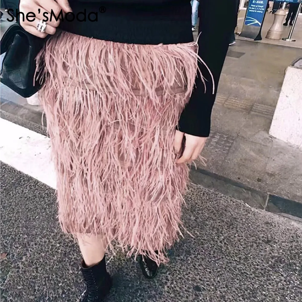 She'smoda страуса Перо замша подкладка Для женщин свадьбу прямо до колен Длина юбка