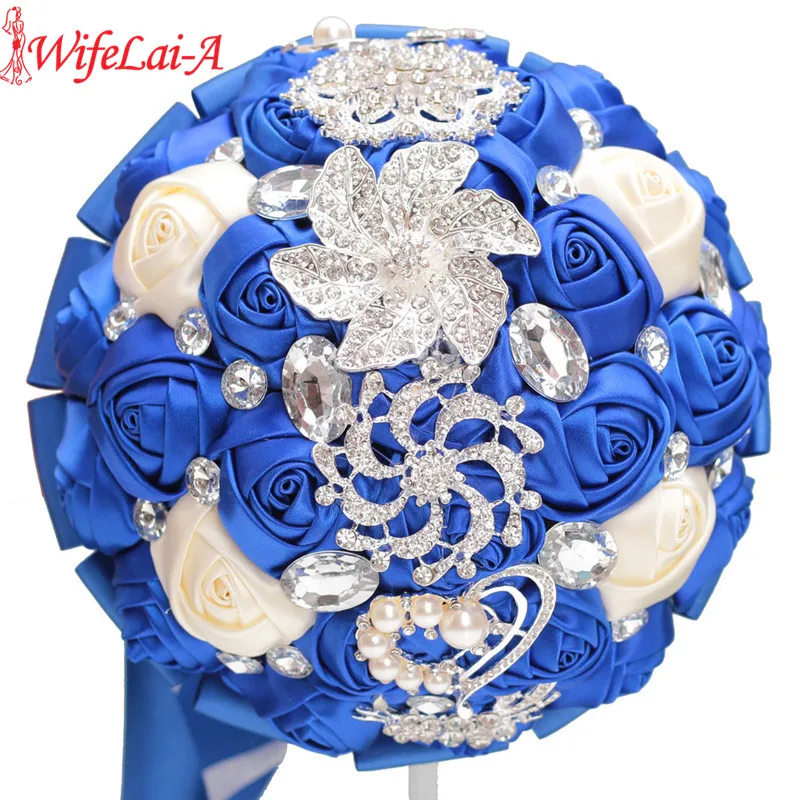 

WifeLai-A Custom Royal Blue Ivory Brooch Bridal Hand Holding Flower Bouquets Bridesmaid Crystal Silk Wedding Bouquet W228-17
