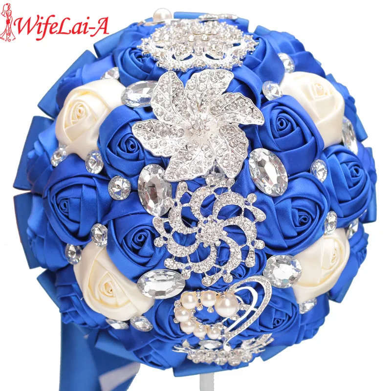 WifeLai-A Custom Royal Blue Ivory Brooch Bridal Hand Holding Flower Bouquets Bridesmaid Crystal Silk Wedding Bouquet W228-17 | Свадьбы и