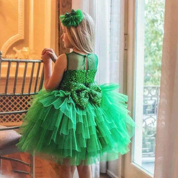 Sparkly green sequins bodice tiered tulle cupcake puffy ruffles girl kids celebration baby 1 year birthday party dress with bow | Детская